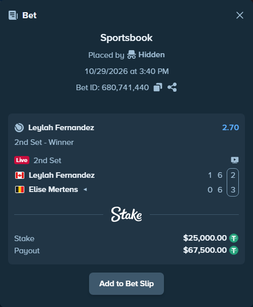 Bet slip: Leylah Fernandez - Elise Mertens, $25,025.00 stake at 2.70 odds, placed by Hidden