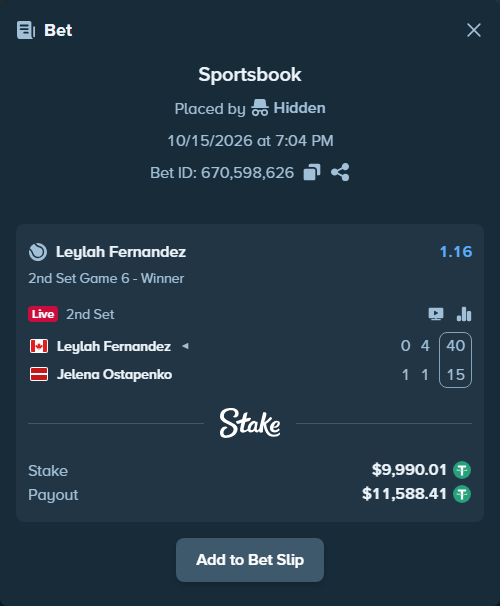 Bet slip: Leylah Fernandez - Jelena Ostapenko, $10,000.00 stake at 1.16 odds, placed by Hidden
