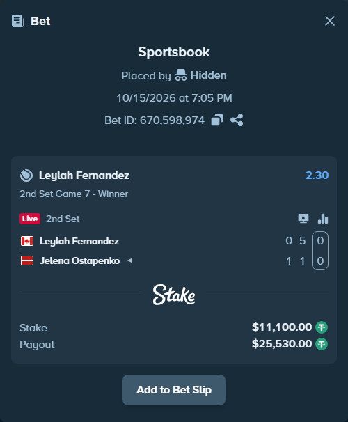 Bet slip: Leylah Fernandez - Jelena Ostapenko, $11,111.10 stake at 2.30 odds, placed by haroldfinchh