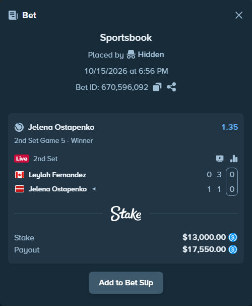 Bet slip: Leylah Fernandez - Jelena Ostapenko, $13,000.00 stake at 1.35 odds, placed by Hidden