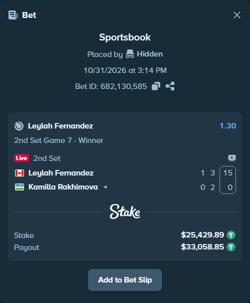 Bet slip: Leylah Fernandez - Kamilla Rakhimova, $25,455.32 stake at 1.30 odds, placed by Hidden