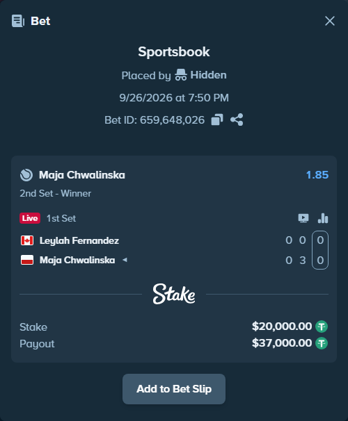 Bet slip: Leylah Fernandez - Maja Chwalinska, $20,000.00 stake at 1.85 odds, placed by Hidden