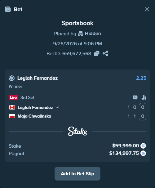 Bet slip: Leylah Fernandez - Maja Chwalinska, $60,201.61 stake at 2.25 odds, placed by Hidden
