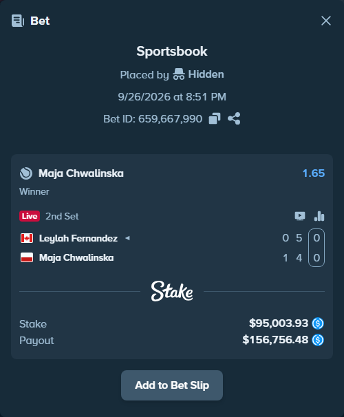 Bet slip: Leylah Fernandez - Maja Chwalinska, $95,003.93 stake at 1.65 odds, placed by pkpkpk38