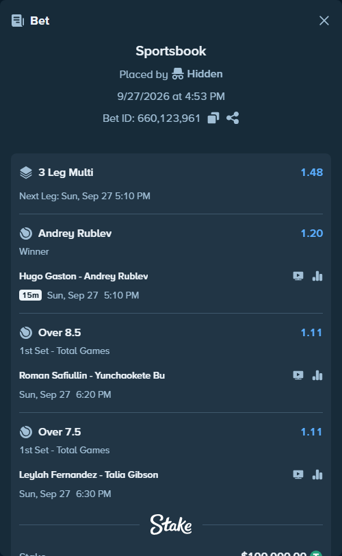 Bet slip: Leylah Fernandez - Talia Gibson, $100,000.00 stake at 1.11 odds, placed by Hidden