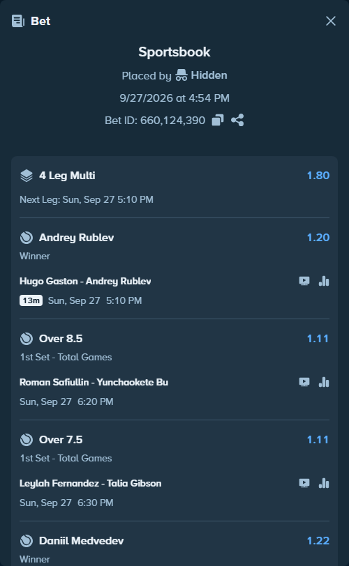 Bet slip: Leylah Fernandez - Talia Gibson, $100,000.00 stake at 1.11 odds, placed by Hidden