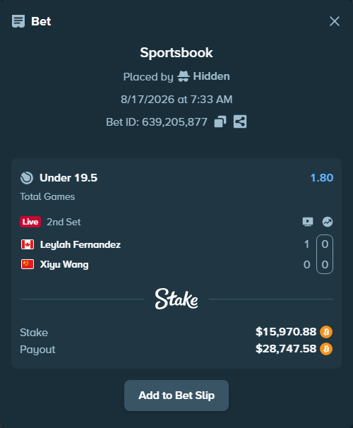 Bet slip: Leylah Fernandez - Xiyu Wang, $15,960.95 stake at 1.80 odds, placed by Hidden