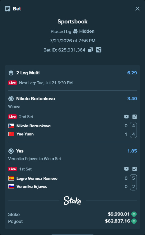 Bet slip: Leyre Gormaz Romero - Veronika Erjavec, $10,000.00 stake at 1.85 odds, placed by Hidden