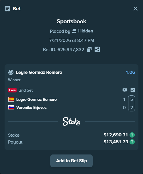 Bet slip: Leyre Gormaz Romero - Veronika Erjavec, $12,703.00 stake at 1.06 odds, placed by Hidden