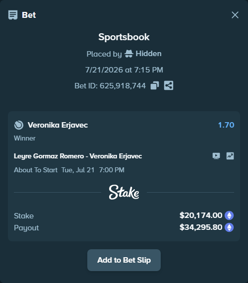 Bet slip: Leyre Gormaz Romero - Veronika Erjavec, $19,781.48 stake at 1.70 odds, placed by Hidden
