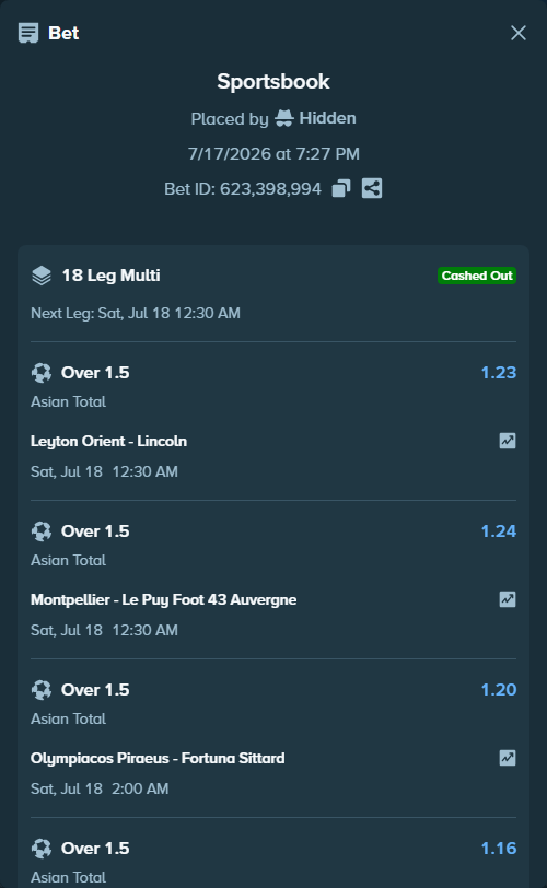 Bet slip: Leyton Orient London - Lincoln, $10,000.00 stake at 1.23 odds, placed by Hidden