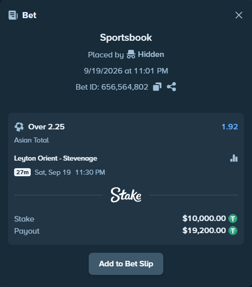 Bet slip: Leyton Orient London - Stevenage, $10,000.00 stake at 1.92 odds, placed by Hidden