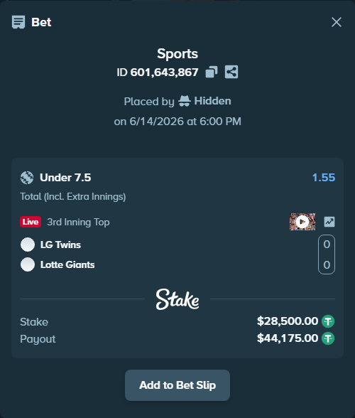Bet slip: LG Twins - Lotte Giants, $28,528.50 stake at 1.55 odds, placed by AsTraL11