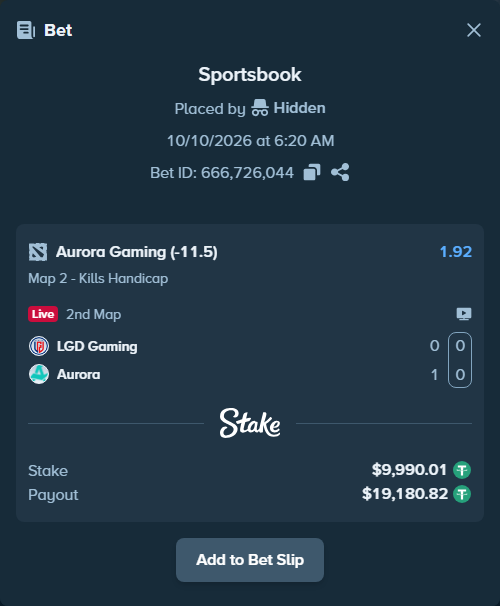 Bet slip: LGD Gaming - Aurora Gaming, $10,000.00 stake at 1.92 odds, placed by Hidden