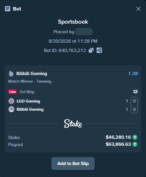Bet slip: LGD Gaming - Bilibili Gaming, $46,326.44 stake at 1.38 odds, placed by BashirGoldenDr