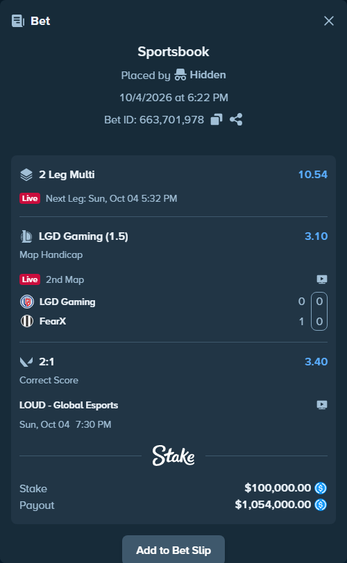 Bet slip: LGD Gaming - FearX, $100,000.00 stake at 3.10 odds, placed by Hidden