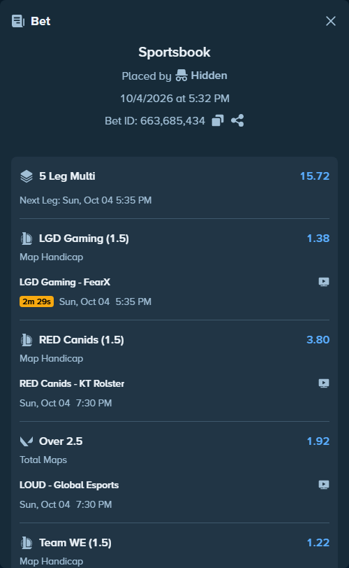 Bet slip: LGD Gaming - FearX, $82,155.35 stake at 1.38 odds, placed by Hidden