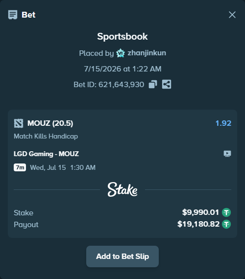 Bet slip: LGD Gaming - MOUZ, $10,000.00 stake at 1.92 odds, placed by zhanjinkun