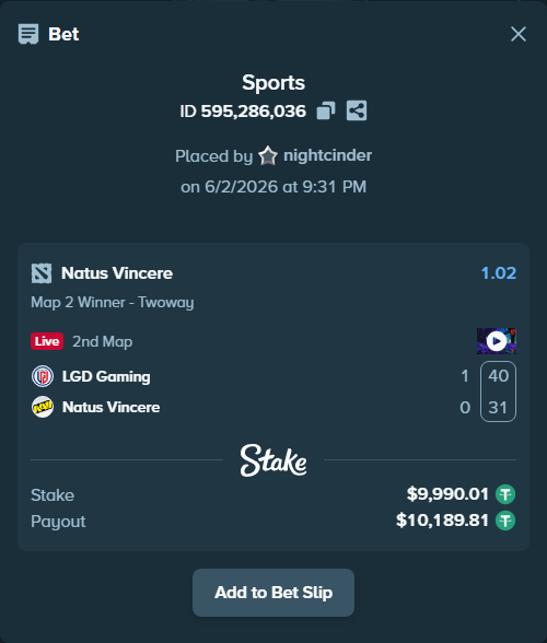 Bet slip: LGD Gaming - Natus Vincere, $10,000.00 stake at 1.02 odds, placed by nightcinder