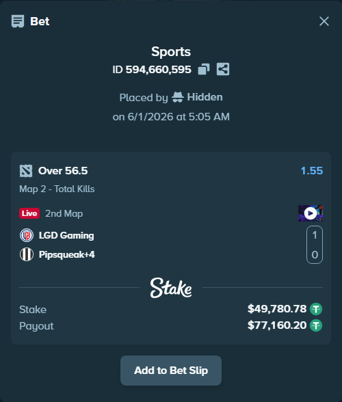 Bet slip: LGD Gaming - Pipsqueak+4, $49,830.56 stake at 1.55 odds, placed by Hidden
