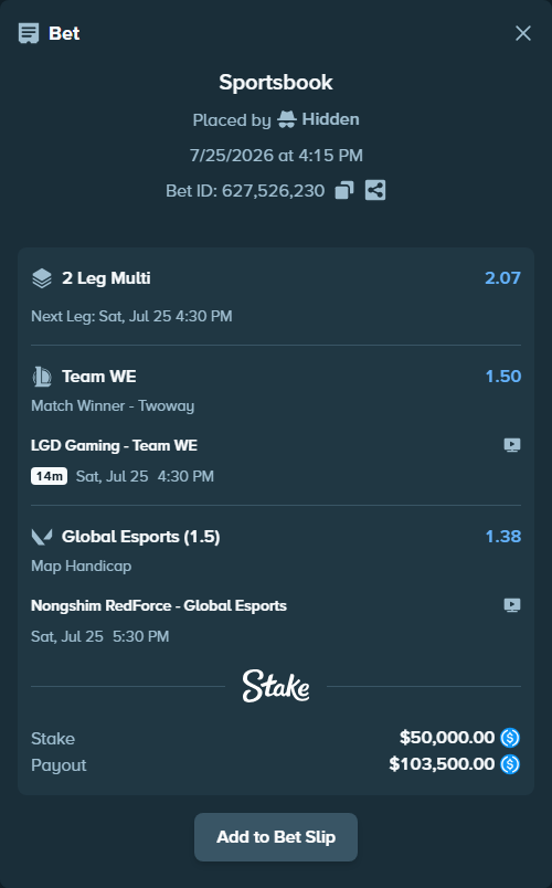 Bet slip: LGD Gaming - Team WE, $50,000.00 stake at 1.50 odds, placed by Hidden