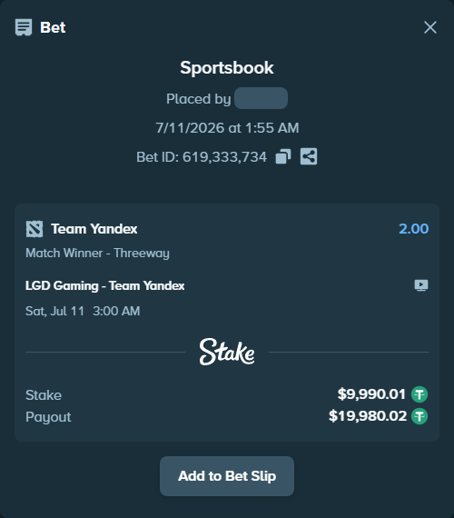 Bet slip: LGD Gaming - Team Yandex, $10,000.00 stake at 2.00 odds, placed by Inhb