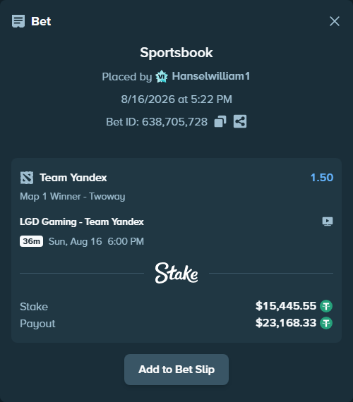 Bet slip: LGD Gaming - Team Yandex, $15,461.00 stake at 1.50 odds, placed by Hanselwilliam1