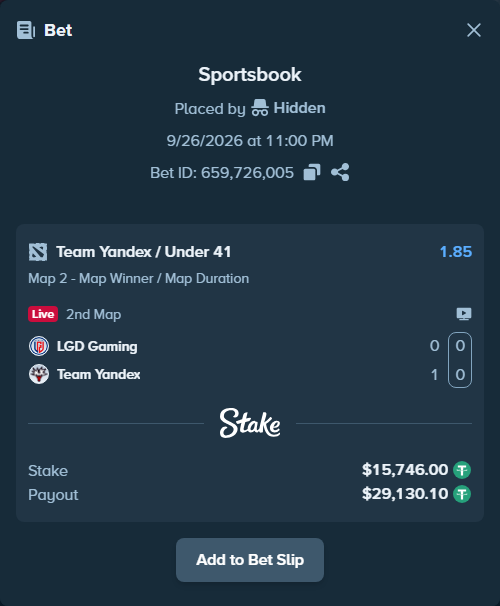 Bet slip: LGD Gaming - Team Yandex, $15,746.00 stake at 1.85 odds, placed by Hidden