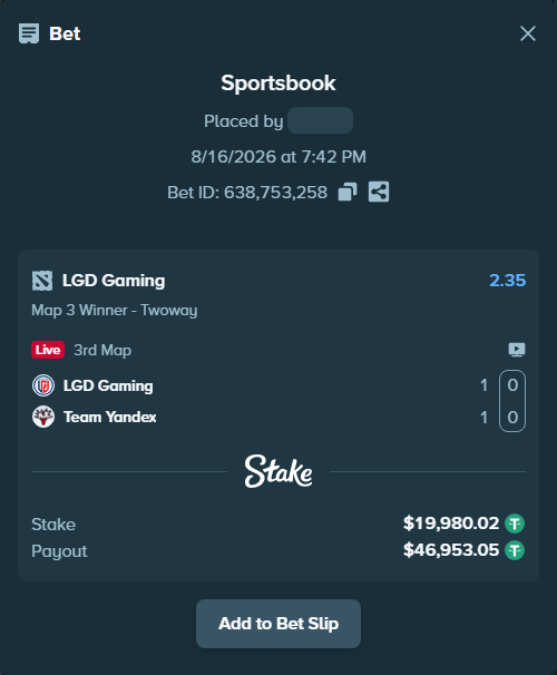 Bet slip: LGD Gaming - Team Yandex, $20,000.00 stake at 2.35 odds, placed by Hanselwilliam1