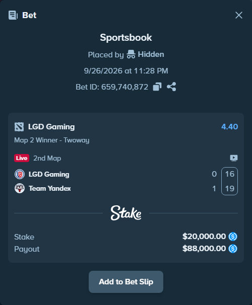 Bet slip: LGD Gaming - Team Yandex, $20,000.00 stake at 4.40 odds, placed by Hidden
