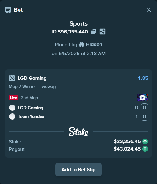 Bet slip: LGD Gaming - Team Yandex, $23,279.72 stake at 1.85 odds, placed by Swagger7727