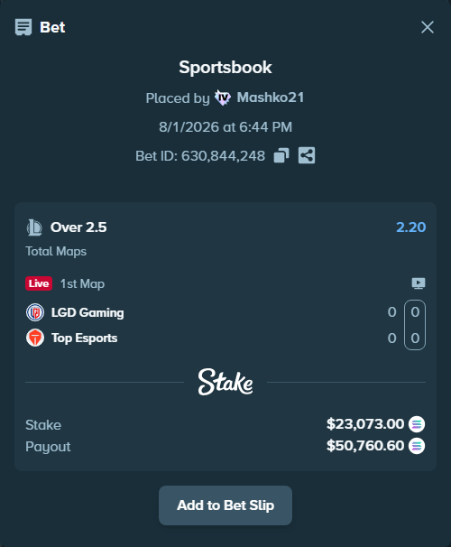Bet slip: LGD Gaming - Top Esports, $22,987.76 stake at 2.20 odds, placed by Mashko21