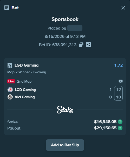Bet slip: LGD Gaming - Vici Gaming, $16,965.00 stake at 1.72 odds, placed by Hanselwilliam1
