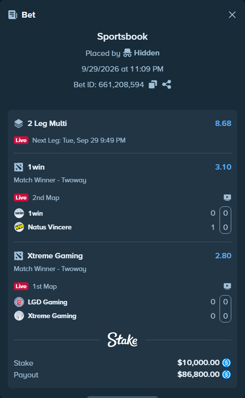 Bet slip: LGD Gaming - Xtreme Gaming, $10,000.00 stake at 2.80 odds, placed by Hidden