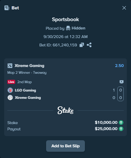 Bet slip: LGD Gaming - Xtreme Gaming, $10,000.00 stake at 2.50 odds, placed by Hidden