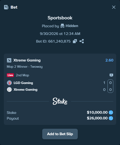 Bet slip: LGD Gaming - Xtreme Gaming, $10,000.00 stake at 2.60 odds, placed by Hidden