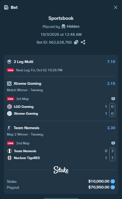 Bet slip: LGD Gaming - Xtreme Gaming, $10,000.00 stake at 2.15 odds, placed by Hidden