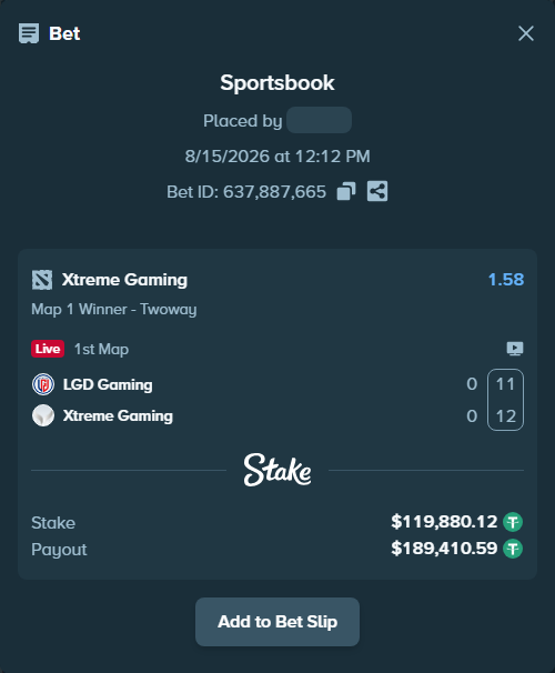 Bet slip: LGD Gaming - Xtreme Gaming, $120,000.00 stake at 1.58 odds, placed by GoldenKot