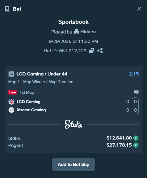 Bet slip: LGD Gaming - Xtreme Gaming, $12,641.00 stake at 2.15 odds, placed by Hidden