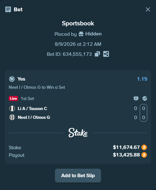 Bet slip: Li A / Tauson C - Neel I / Olmos G, $11,675.79 stake at 1.15 odds, placed by Hidden