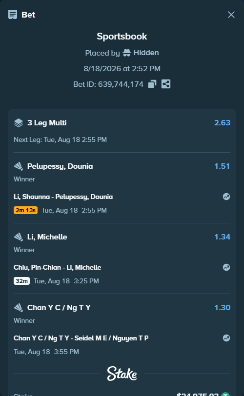 Bet slip: Li, Shaunna - Pelupessy, Dounia, $25,000.00 stake at 1.51 odds, placed by Hidden