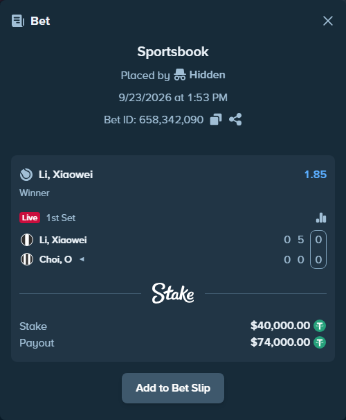 Bet slip: Li, Xiaowei - Choi, O, $40,000.00 stake at 1.85 odds, placed by Hidden