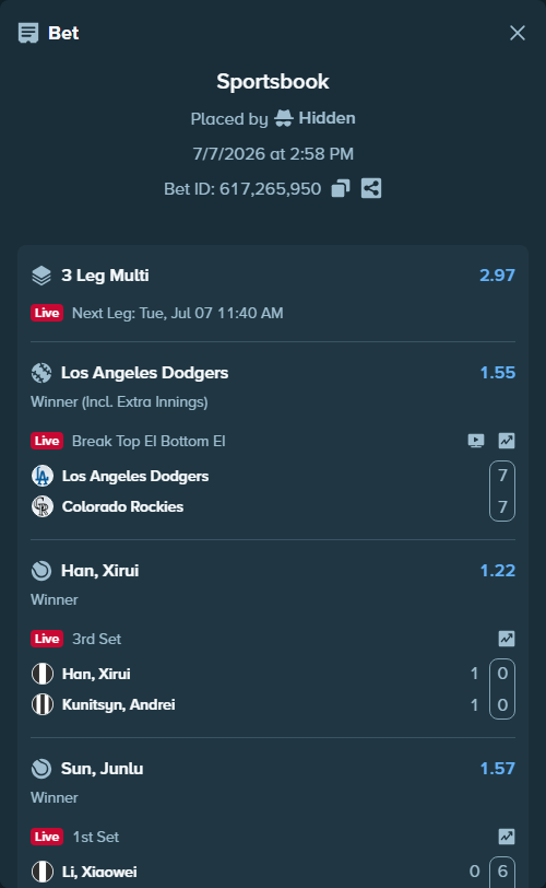 Bet slip: Li, Xiaowei - Sun, Junlu, $50,574.24 stake at 1.57 odds, placed by Hidden