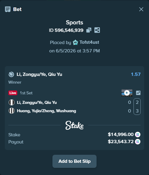 Bet slip: Li, Zongyu/Ye, Qiu Yu - Huang, Yujia/Zheng, Wushuang, $16,498.96 stake at 1.57 odds, placed by Tofst4ust