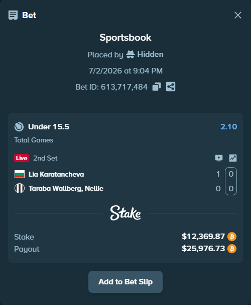 Bet slip: Lia Karatancheva - Taraba Wallberg, Nellie, $12,993.45 stake at 2.10 odds, placed by Hidden