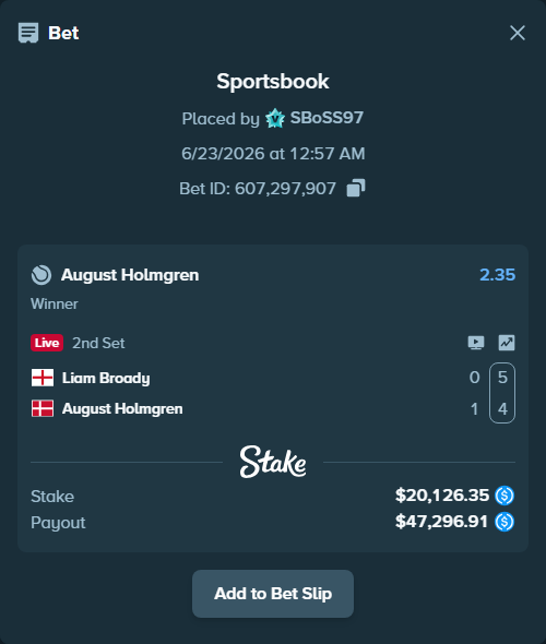 Bet slip: Liam Broady - August Holmgren, $20,126.35 stake at 2.35 odds, placed by SBoSS97