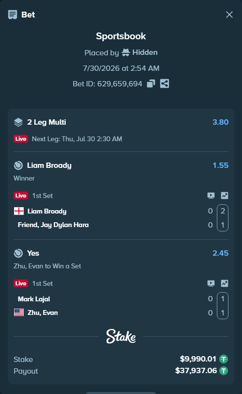 Bet slip: Liam Broady - Friend, Jay, $10,000.00 stake at 1.55 odds, placed by Hidden