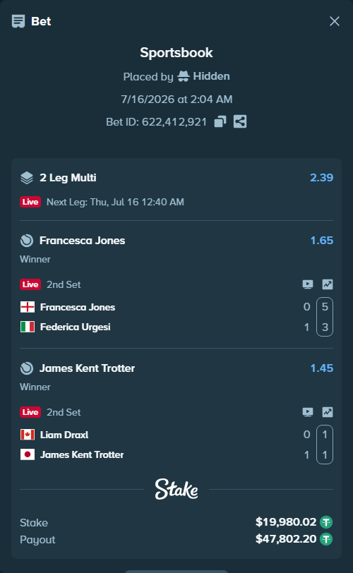 Bet slip: Liam Draxl - James Kent Trotter, $20,000.00 stake at 1.45 odds, placed by Hidden
