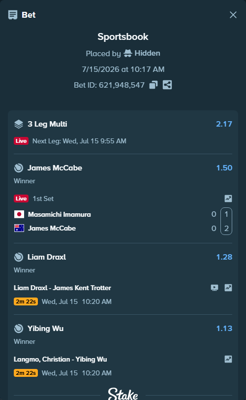 Bet slip: Liam Draxl - James Kent Trotter, $76,000.00 stake at 1.28 odds, placed by Hidden