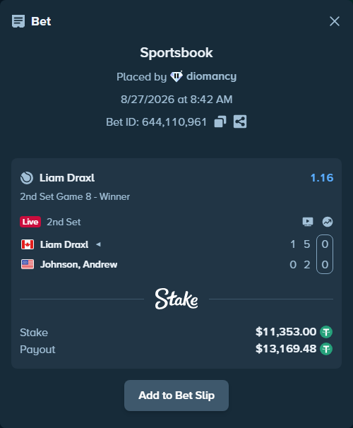 Bet slip: Liam Draxl - Johnson, Andrew, $11,353.00 stake at 1.16 odds, placed by diomancy